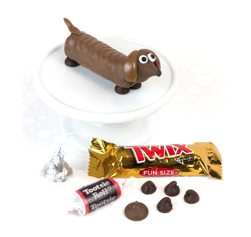 Шоколадная такса из твикс и конфеток