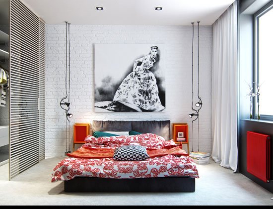 charming-feminine-bedroom-also-floral-texture-bedding-sets-with-hanging-lighting-bedside-plus-wall-art-decor-and-white-brick-wall-as-well-as-large-curtain-also-orange-nightstands