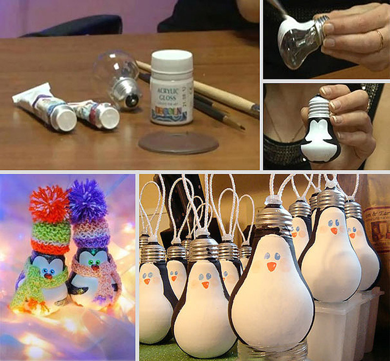 Елочные игрушки пингвины из лампочек