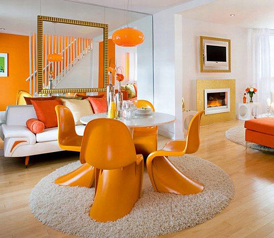 Charming-Modern-Dining-Room-Decorating-With-Orange-Round-Carpet-Rug