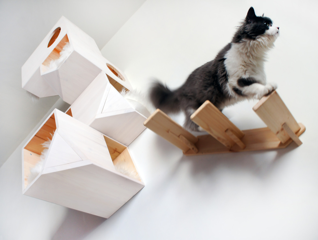 Деревянные настенные полки-ящики для кошек