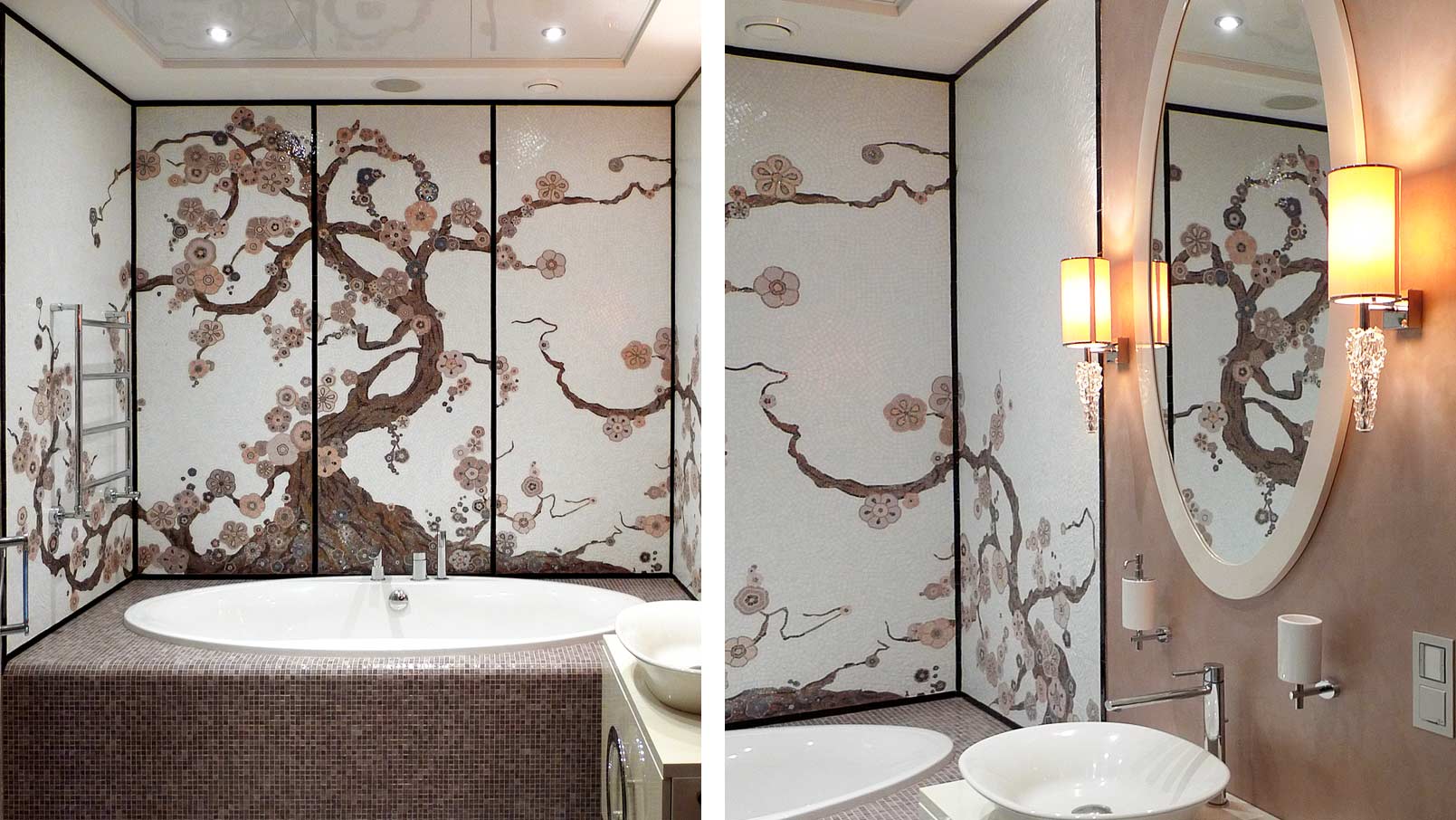 Имитация сакуры на стене в ванной комнате