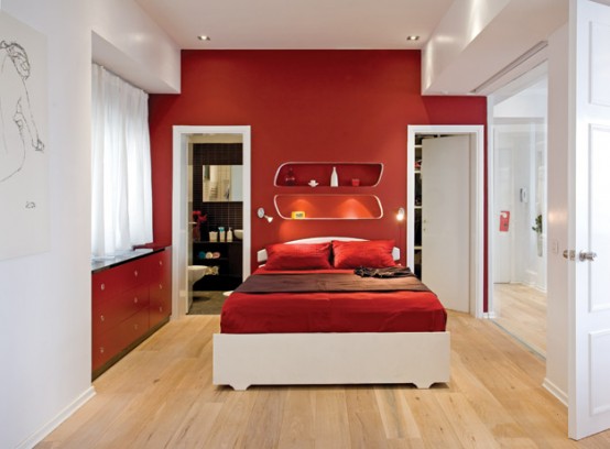 Красно-белая спальня в стиле минимализм