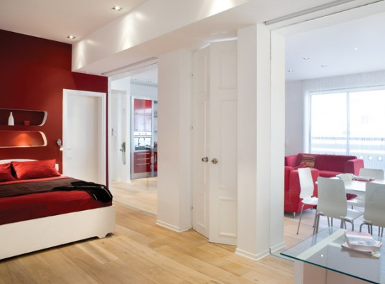 White-and-Red-Bedroom-Design-with-Dining-Room-Views