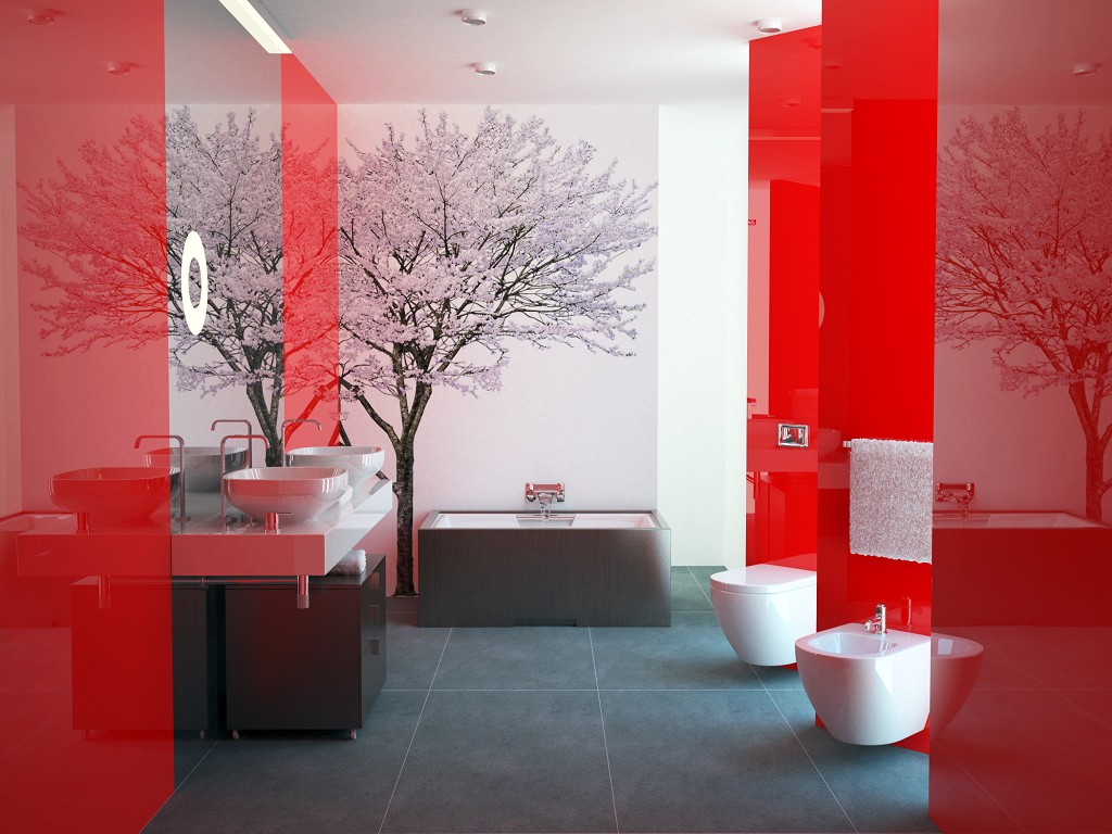 Сочетание белых и красных панелей в ванной