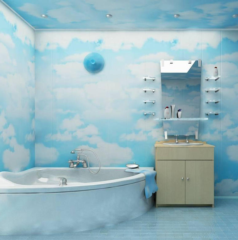 ПВХ панели с облаками в ванной
