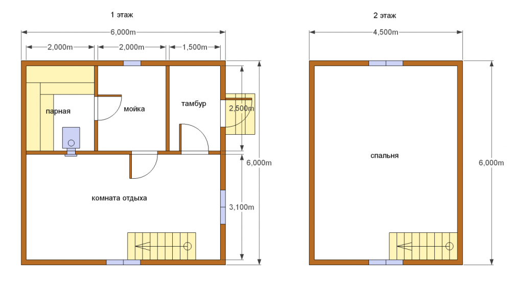 Проект двухэтажной бани 6 на 6