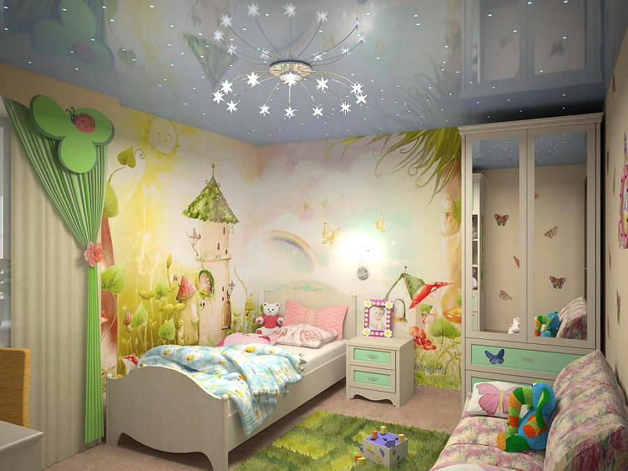 Оформление потолка в детской комнате для девочек