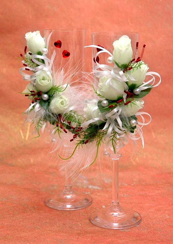 свадебные бокалы украшение цветами