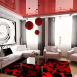 Фото 52: Красный глянцевый потолок в современном дизайне гостиной