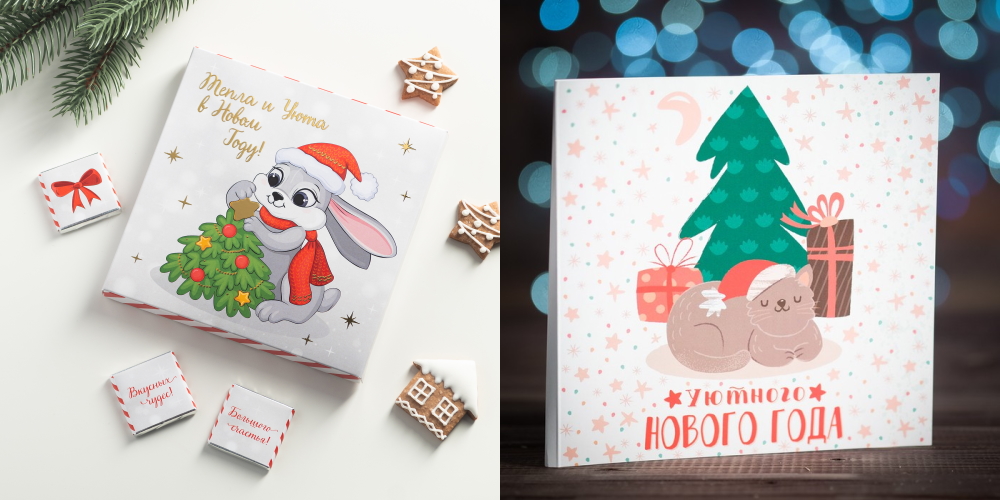Шоколадки-открытки Новый на 2023 год Кролика и Кота