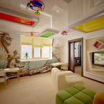 Фото 69: Натяжной потолок в детской с разноцветными вставками