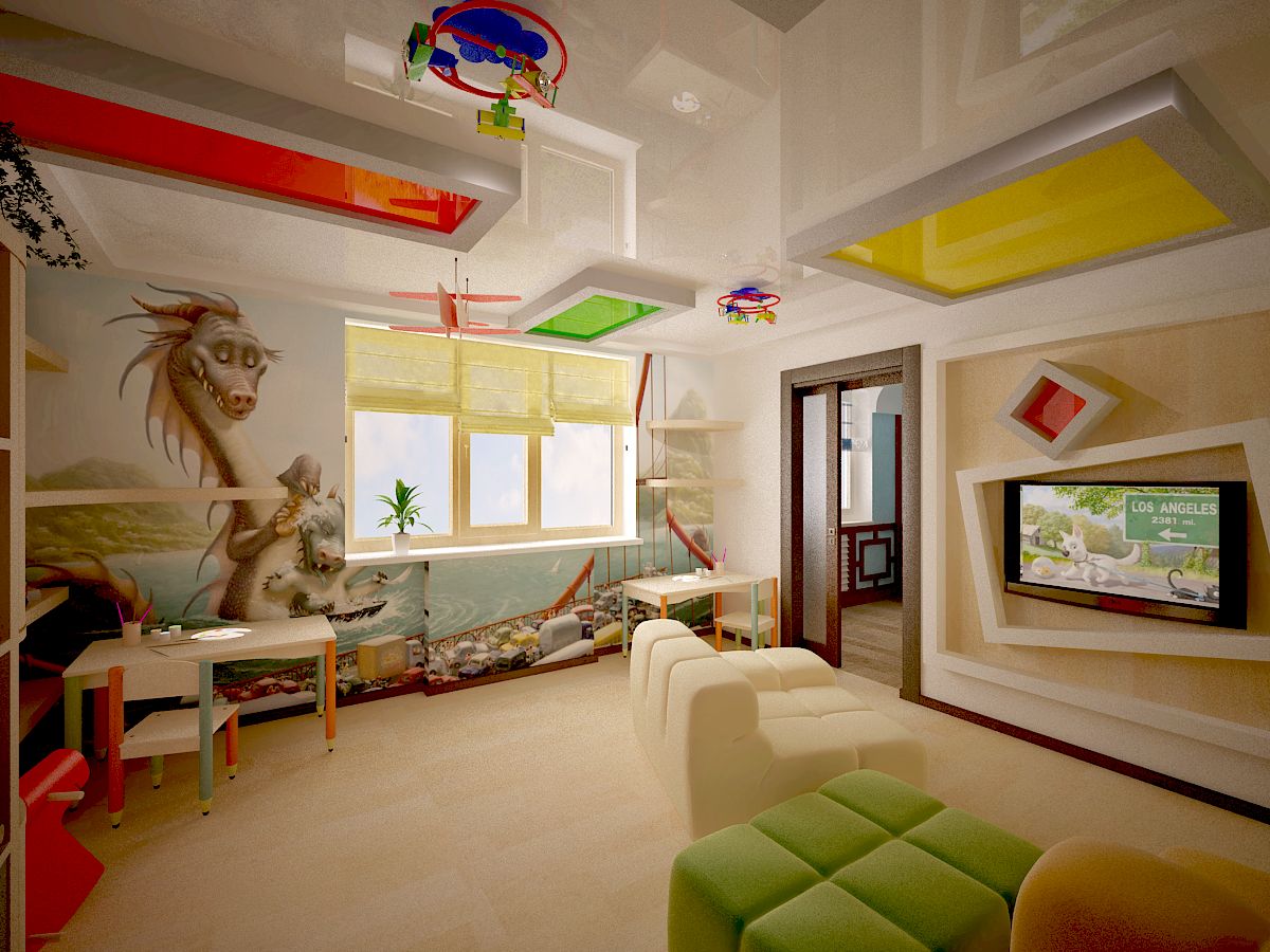 Натяжной потолок в детской с разноцветными вставками