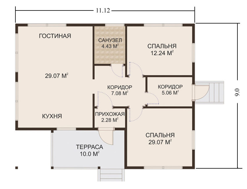 План одноэтажного каркасного дома 12х9