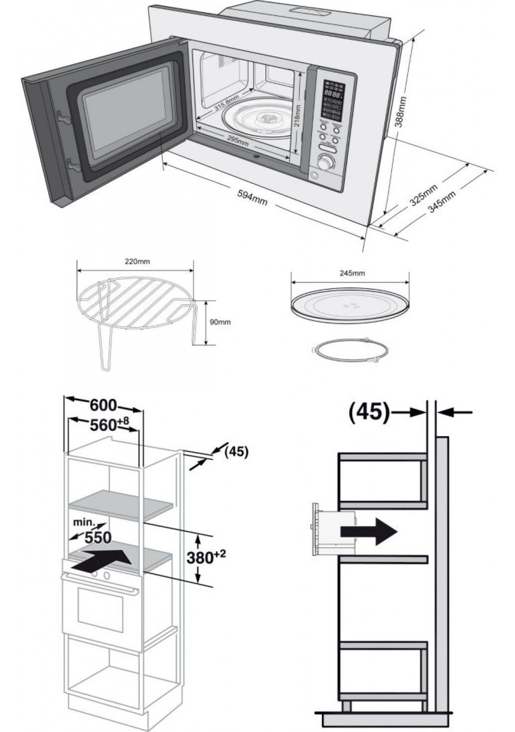 размер встроенной микроволновки в верхний шкаф