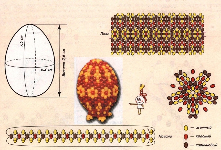 Схема плетения бисером яйца с рисунком цветочками