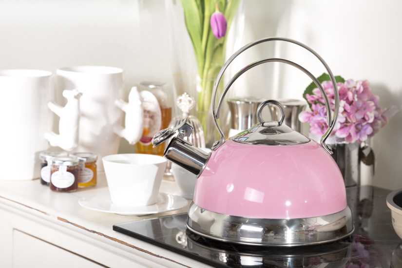Металлический чайник в розовом цвете