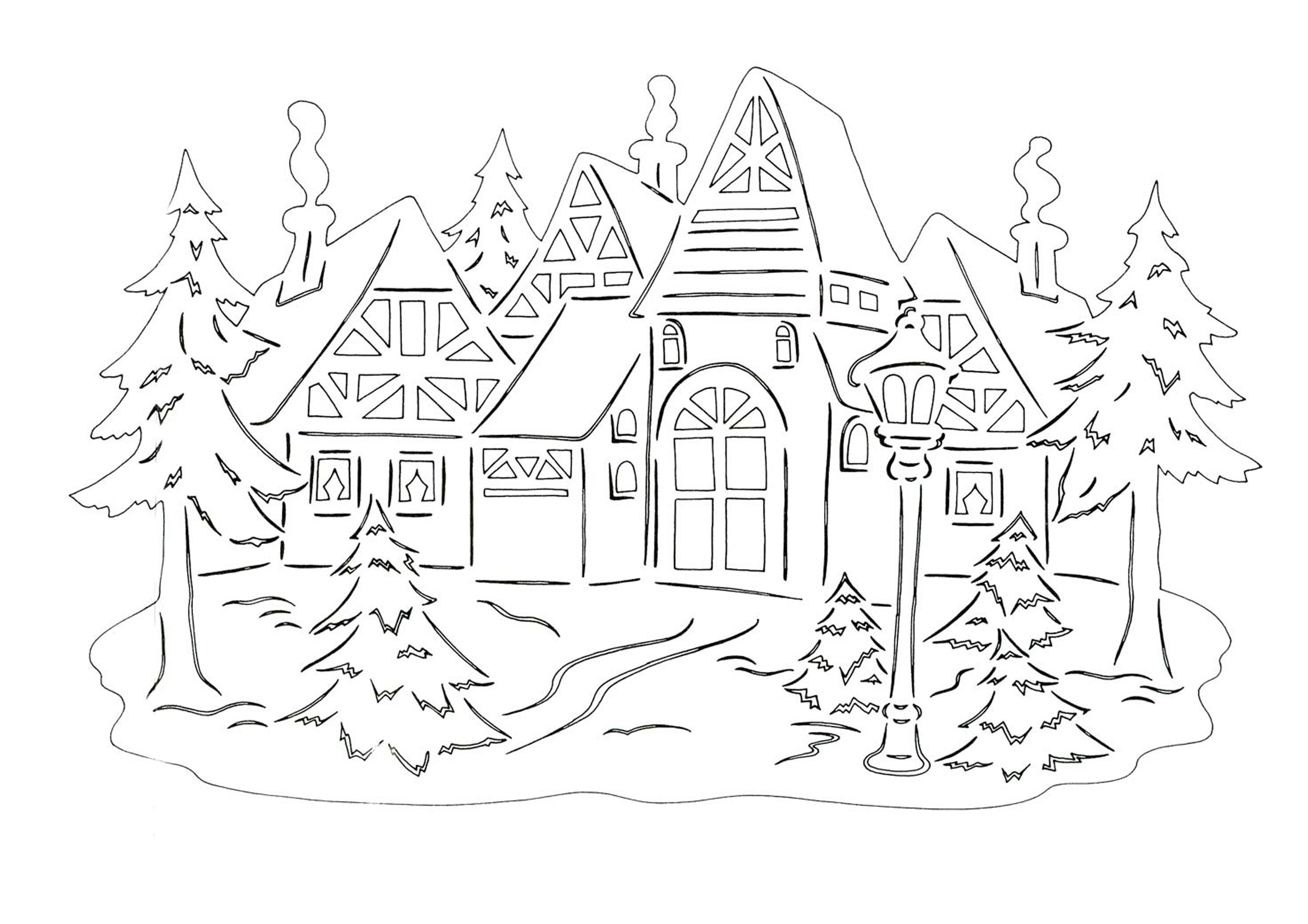 Шаблон зимнего пейзажа с домом