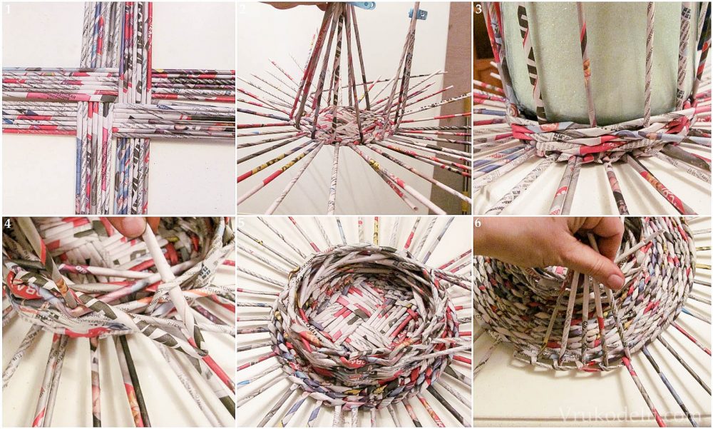Плетение круглой корзины из газетных трубочек