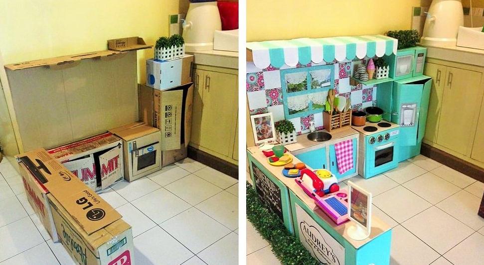 Кухонный уголок из картонных коробок для детей