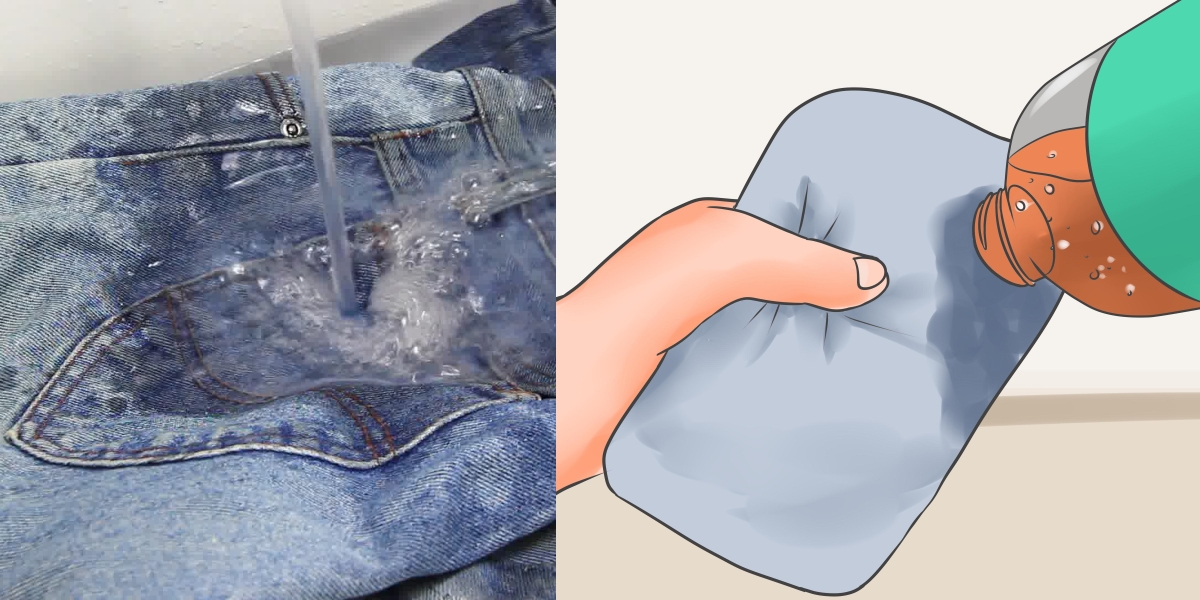 Выведение жирного пятна на джинсах при помощи моющего средства для посуды