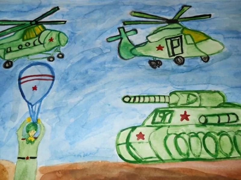 Детский рисунок с военной техникой и десантником