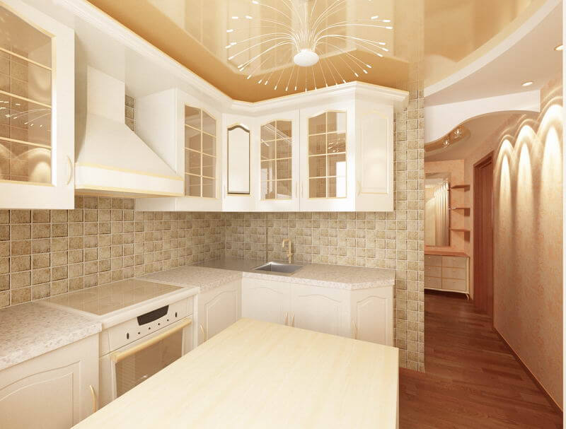 Красивый дизайн натяжного потолка в интерьере кухни