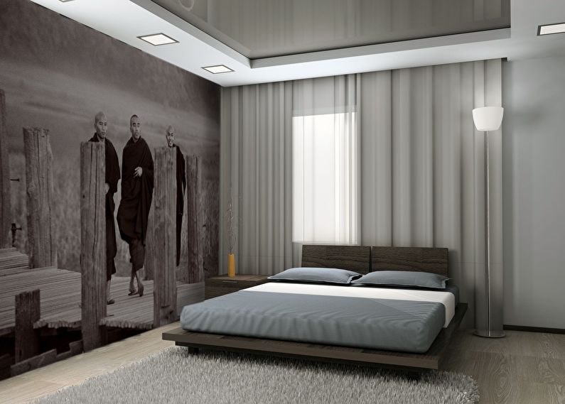 Тканевый натяжной потолок в стильной спальне