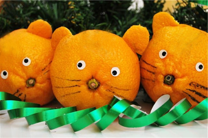 Котики из мандаринов на елку